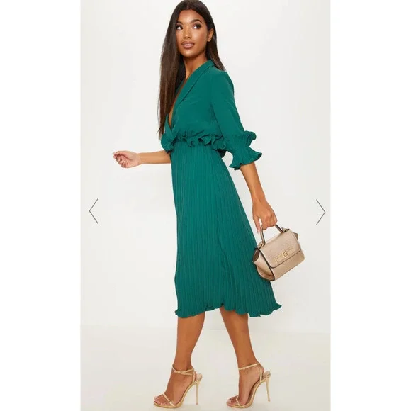 Women's Emerald Green Frill Detail Pleated Midi Dress - Size 2